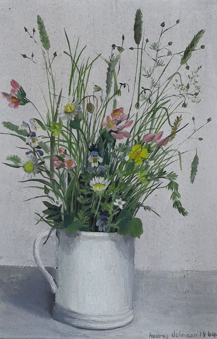 Audrey Johnson (b.1918), oil on panel, Still life of field flowers in a jug, signed and dated 1964, 16.5 x 11cm